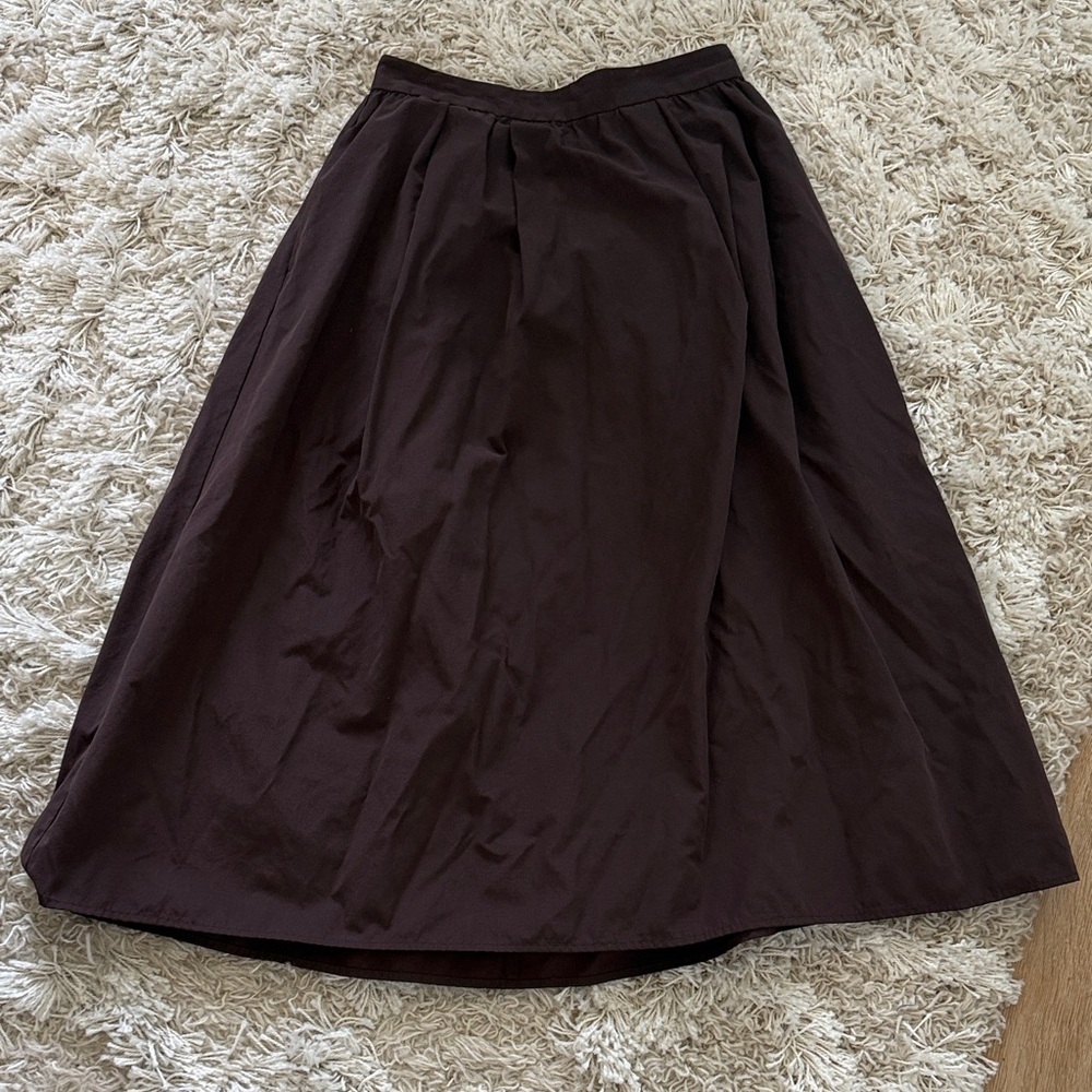 Brown A-Line Midi Skirt Pockets Back Zip Elastic Waist Size L